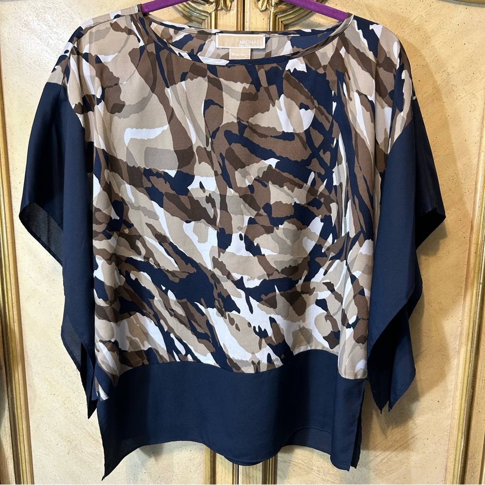 Michael Kors Navy Blue Tan White Abstract Dolman short sleeve Blouse New NWOT